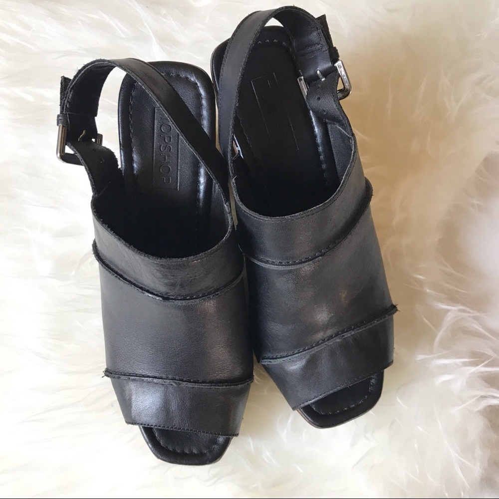 Topshop Black Leather Peep Toe Platforms - Picture 2 of 8